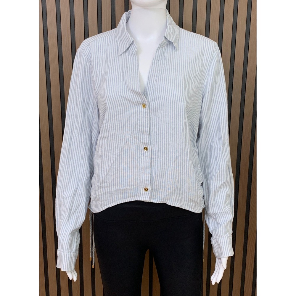 Michael Kors Blue White Striped Linen Blend Cinched Side Button Down Shirt M